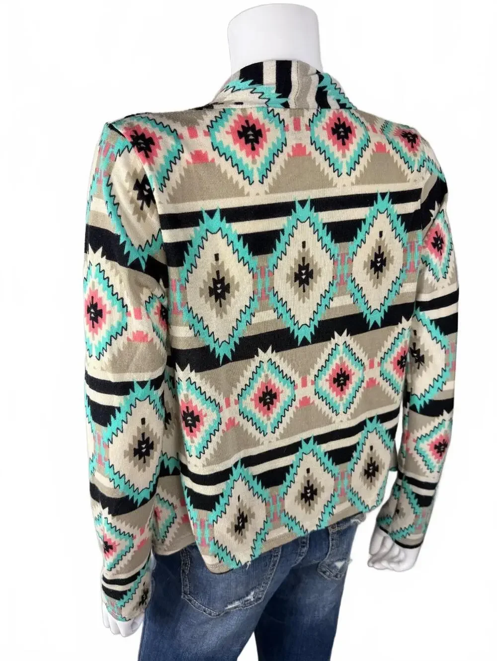 Living Doll Medium Aztec Print Open Front Cardigan Sweater
